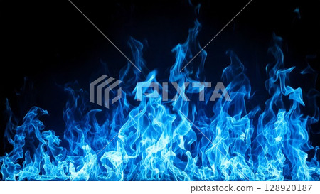 Burning hot flames Blue background material 16:9 size AI generated material 128920187