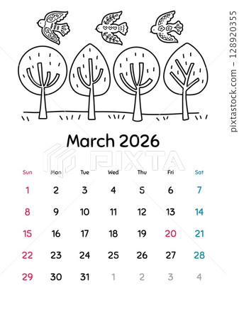 2026年3月著色日曆 128920355