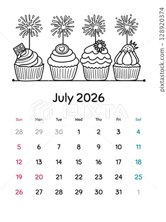 July 2026 Coloring Calendar 128920374