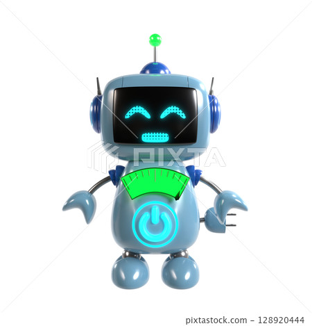An illustration of a cute blue robot character smiling and standing facing forward An illustration of a cute blue robot character smiling and standing facing forward 128920444