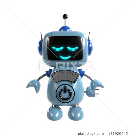 圖：一個可愛的藍色機器人面向前方站立，閉著眼睛休息 128920445