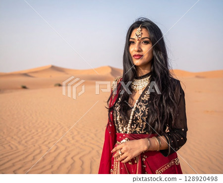 A foreign woman in ethnic clothing standing in the desert A foreign woman in ethnic clothing standing in the desert 128920498