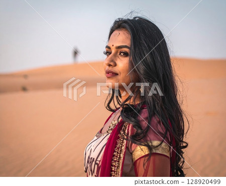 A foreign woman in ethnic clothing standing in the desert A foreign woman in ethnic clothing standing in the desert 128920499