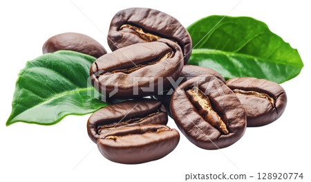 Fresh roasted coffee beans fruit with leaf isolated on white background png transparent clipart. Fresh roasted coffee beans fruit with leaf isolated on white background png transparent clipart. 128920774