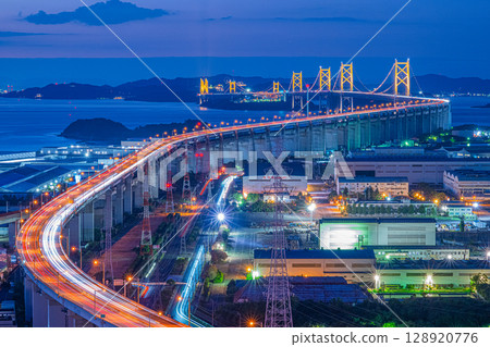 The Great Seto Bridge at night and the trail of light The Great Seto Bridge at night and the trail of light 128920776