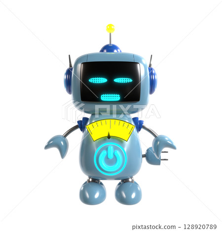 A blue robot character standing with a straight face and a yellow meter display 128920789