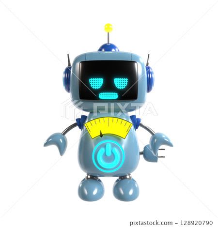 A blue robot character standing with a dirty look and a yellow meter display A blue robot character standing with a dirty look and a yellow meter display 128920790