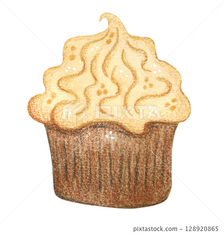 Cupcake with cream. Watercolor illustration hand drawn, cartoon. Drawing for stickers, postcards. Baking, treats, sweets, holiday, children, birthday 128920865