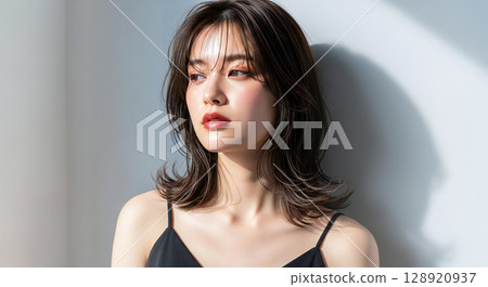 Natural light portrait of a stylish female model 128920937