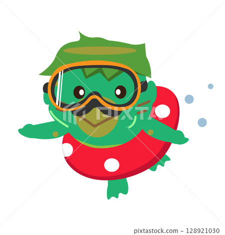河童戴著游泳圈游泳的插圖 128921030