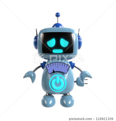 An illustration of a cute blue robot character standing facing forward with a sad expression 128921109