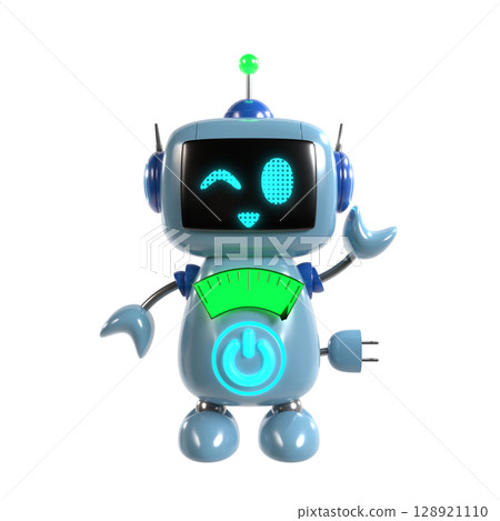 一個可愛的藍色機器人角色眨眼並舉起手的插圖 128921110