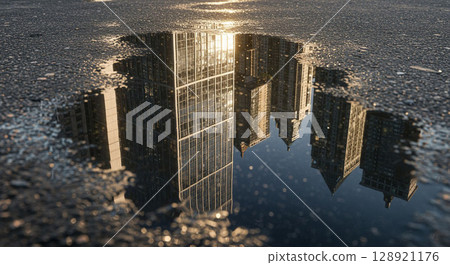 Skyscrapers reflected in a puddle Skyscrapers reflected in a puddle 128921176