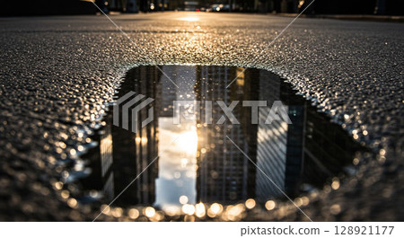 Skyscrapers reflected in a puddle Skyscrapers reflected in a puddle 128921177