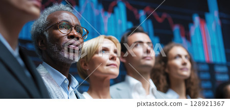 Serious diverse business people looking forward stock market chart background 128921367
