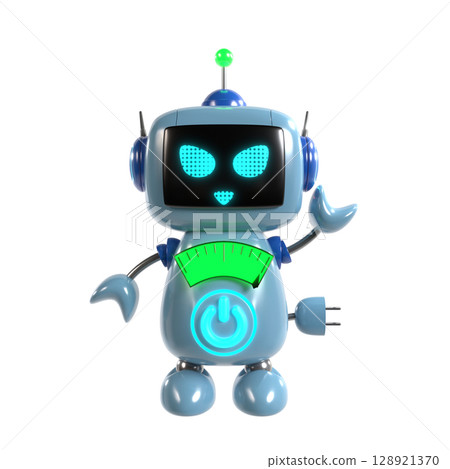 An illustration of a cute blue robot character raising his hand with a serious expression An illustration of a cute blue robot character raising his hand with a serious expression 128921370