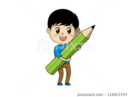 Illustration of a boy holding a pencil that can be used in study or cram school flyers and catalogs Illustration of a boy holding a pencil that can be used in study or cram school flyers and catalogs 128921454