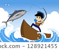 一名男子在海上捕魚並捕獲金槍魚的插圖 128921455