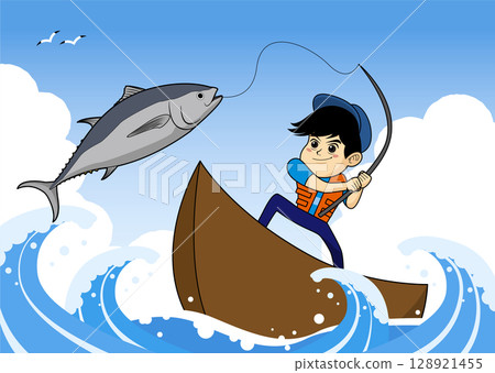 Illustration of a man fishing at sea and catching a tuna Illustration of a man fishing at sea and catching a tuna 128921455