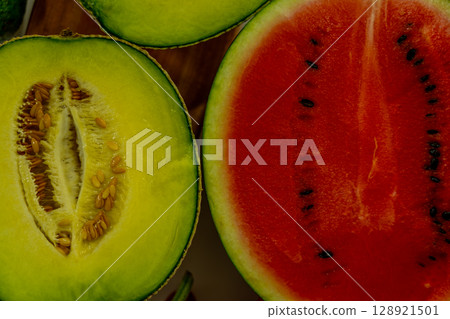 Sliced melon and watermelon close-up 128921501