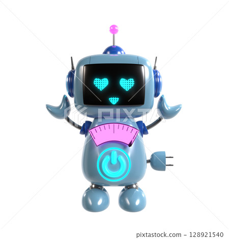 圖：一個可愛的藍色機器人角色舉起雙手錶達愛意 128921540