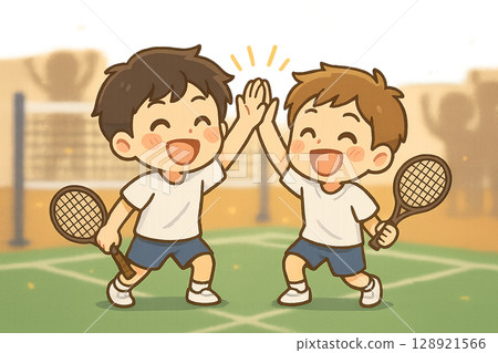 A pair of university students high-fiving in victory (after a badminton match) 128921566