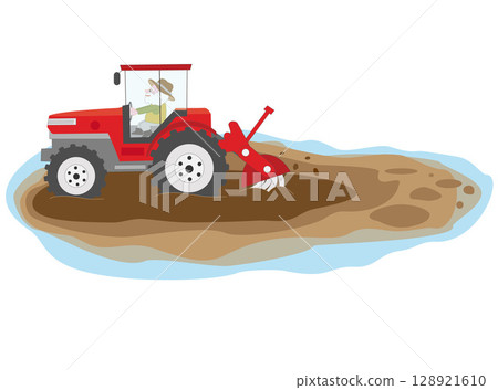 一位老年農民在稻田裡耕作的插圖。 128921610