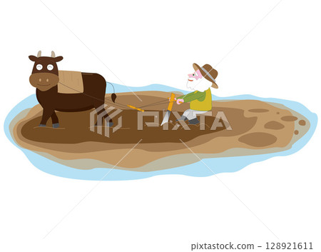 一位老年農民在稻田裡耕作的插圖。 一位老年農民在稻田裡耕作的插圖。 128921611