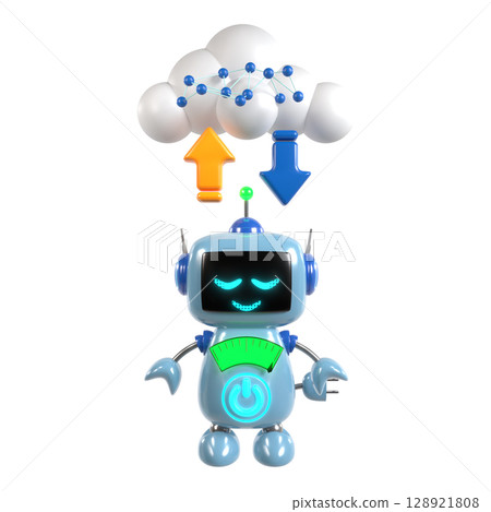 可愛的藍色機器人角色與雲端通訊的插圖 128921808