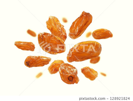 A stunning display of dried raisins elegantly arranged on a light and bright background 128921824