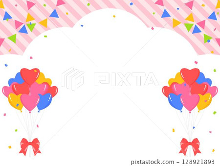 Cloud-shaped background frame, garland, heart balloons and confetti decorations 128921893