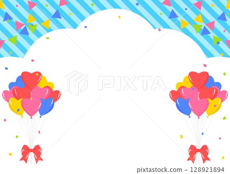 Cloud-shaped background frame, garland, heart balloons and confetti decorations 128921894