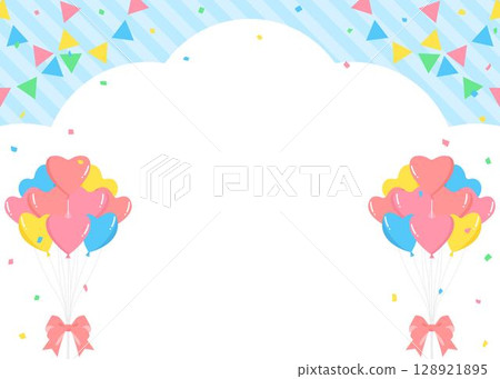 Cloud-shaped background frame, garland, heart balloons and confetti decorations 128921895