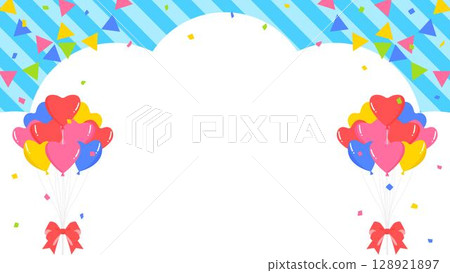 Cloud-shaped background frame, garland, heart balloons and confetti decorations 128921897