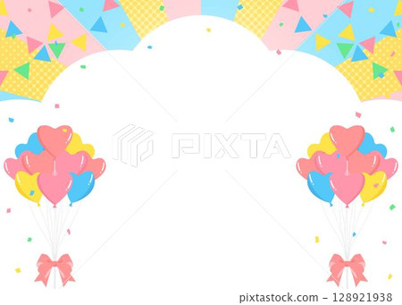 Cloud-shaped background frame, garland, heart balloons and confetti decorations 128921938
