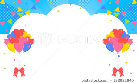 Cloud-shaped background frame, garland, heart balloons and confetti decorations 128921940