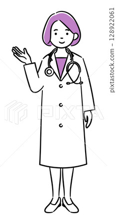 A simple illustration of a young female medical worker giving guidance 128922061
