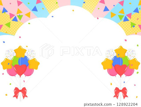 Cloud-shaped background frame, garland, balloons and confetti decoration 128922204