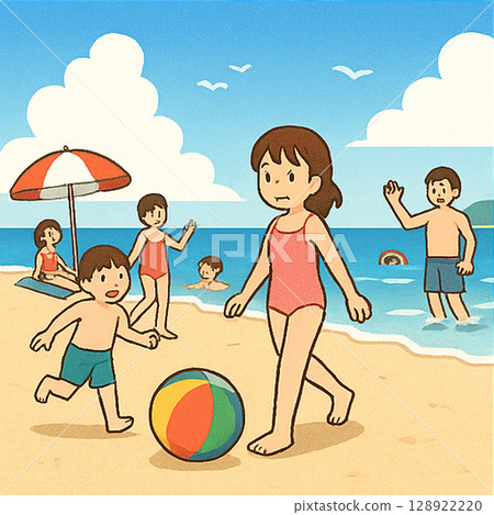 一家人在沙灘上玩耍的暑假插圖 一家人在沙灘上玩耍的暑假插圖 128922220
