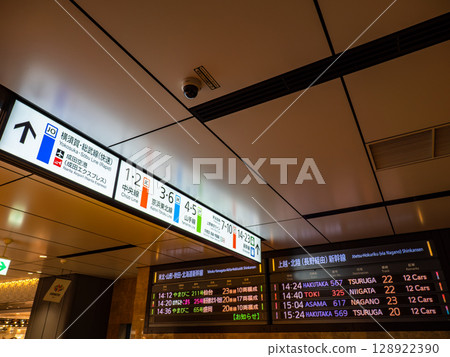 JR Tokyo Station platform information display and Shinkansen departure board JR Tokyo Station platform information display and Shinkansen departure board 128922390