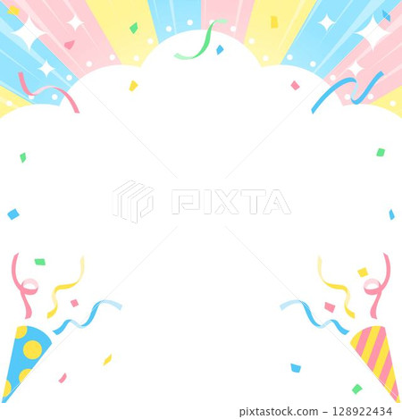 Cloud-shaped background frame with crackers, tape and confetti decoration 128922434
