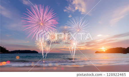 Fireworks, sea, sunset sky 128922465