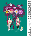 Portrait of a smiling elderly women on swing . Collage with abstract color background. Design with senior women 128922626