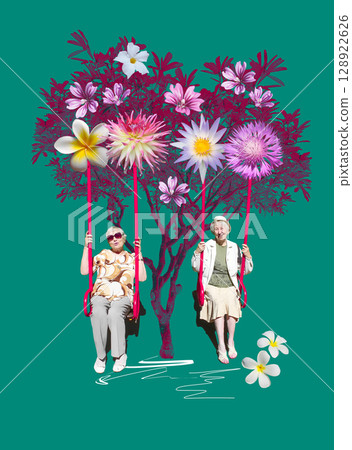 Portrait of a smiling elderly women on swing . Collage with abstract color background. Design with senior women 128922626