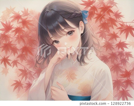 Watercolor illustration of autumn leaves and a girl 7 128922736