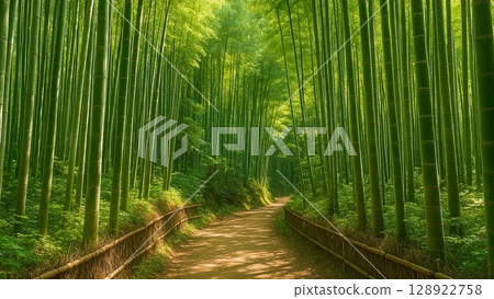 A view of the bamboo forest trail and the early summer light from near the western edge 128922758