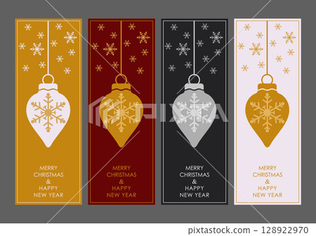 Christmas and New Year. A set of colorful postcards with a Christmas toy and snowflakes. Creative template for greetings, invitations, flyers and creative ideas in a minimalist style 128922970