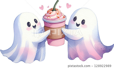 Cute Couple Ghosts Sharing a Drink 128922989