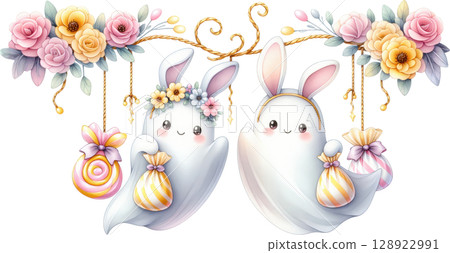 Cute Halloween Ghost Rabbit Couple with Floral Decor Cute Halloween Ghost Rabbit Couple with Floral Decor 128922991