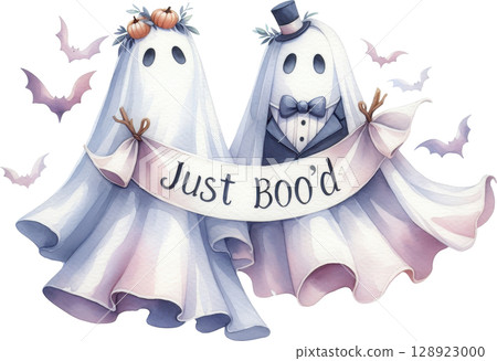 Cute Ghostly Couple Carrying Just Boo'd Banner 128923000